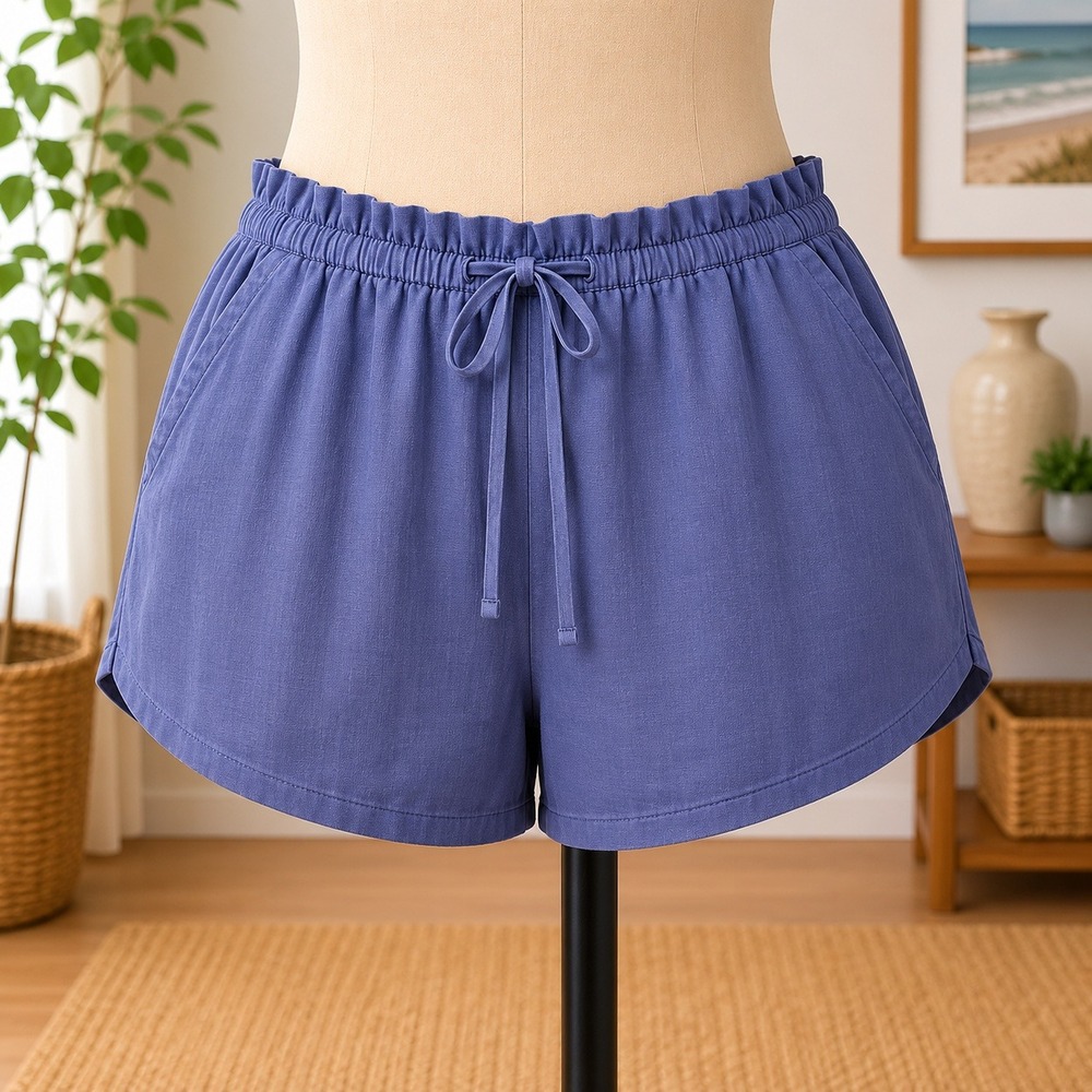 NWT Caslon Paperbag Waist Shorts M Blue Linen Blend Drawstring Dolphin Hem